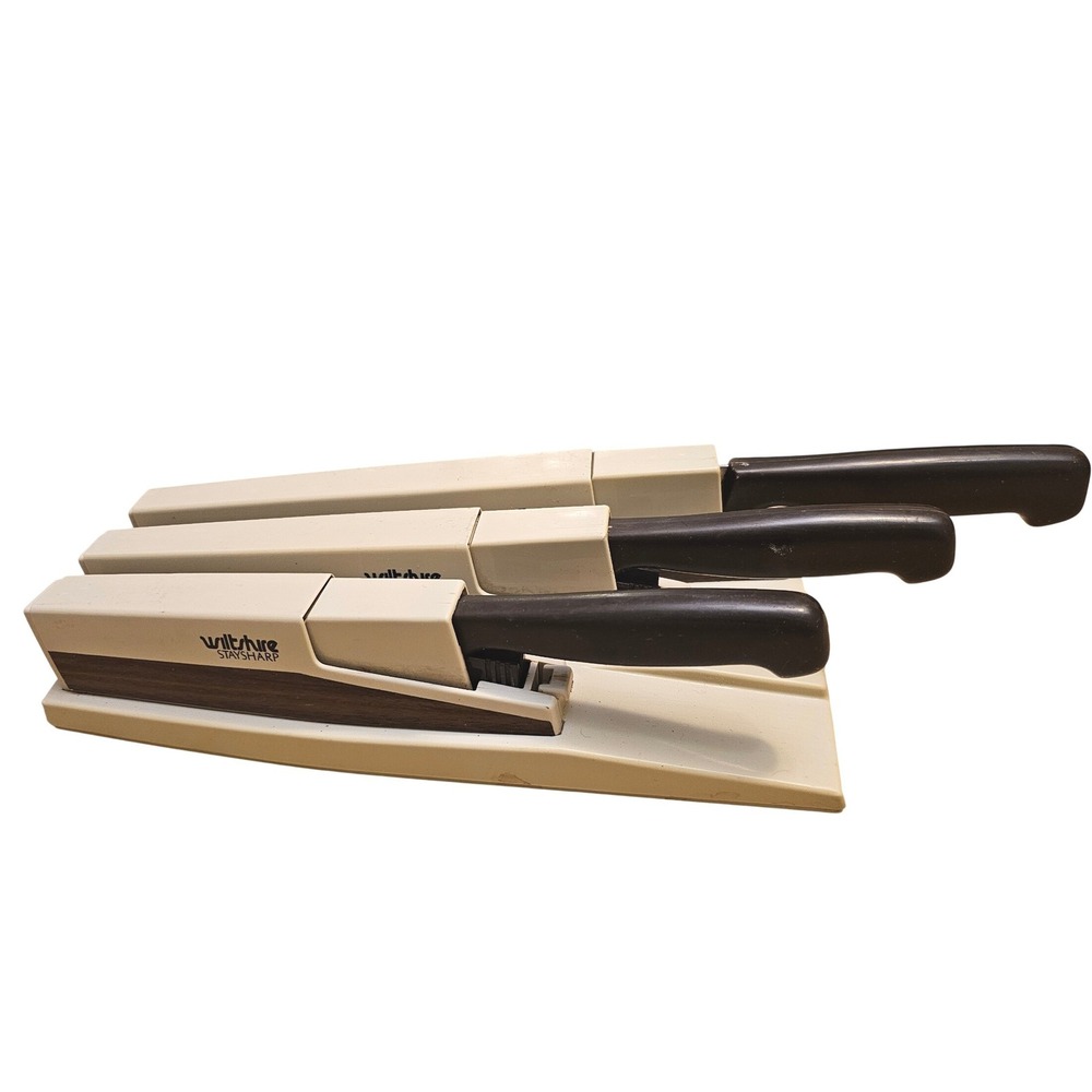 Vintage Wiltshire Staysharp 3 Piece Knife Set Self Sharpening Wall Mount Cream
